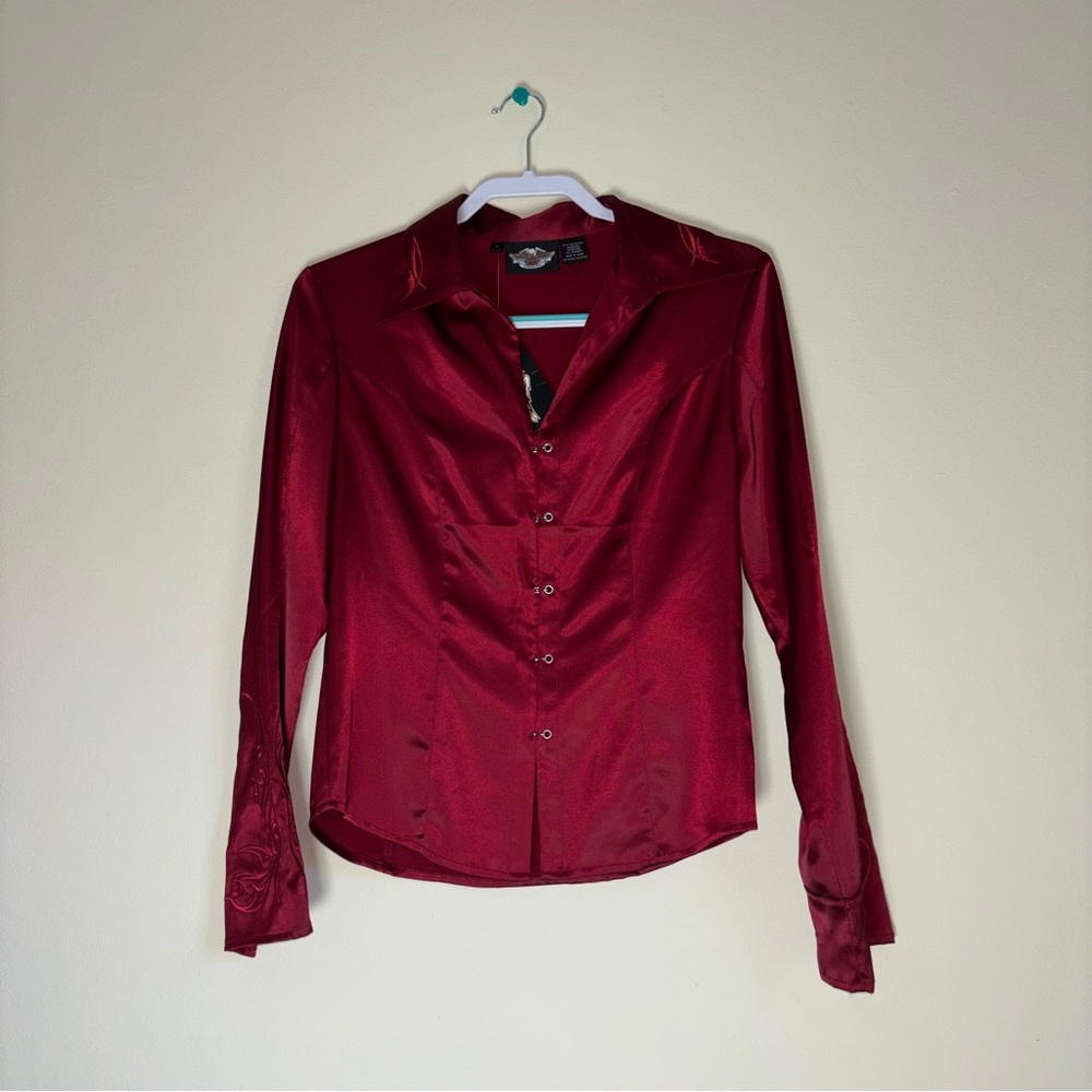 Harley-Davidson 90s Vintage Style Red Satin Button Down Shirt